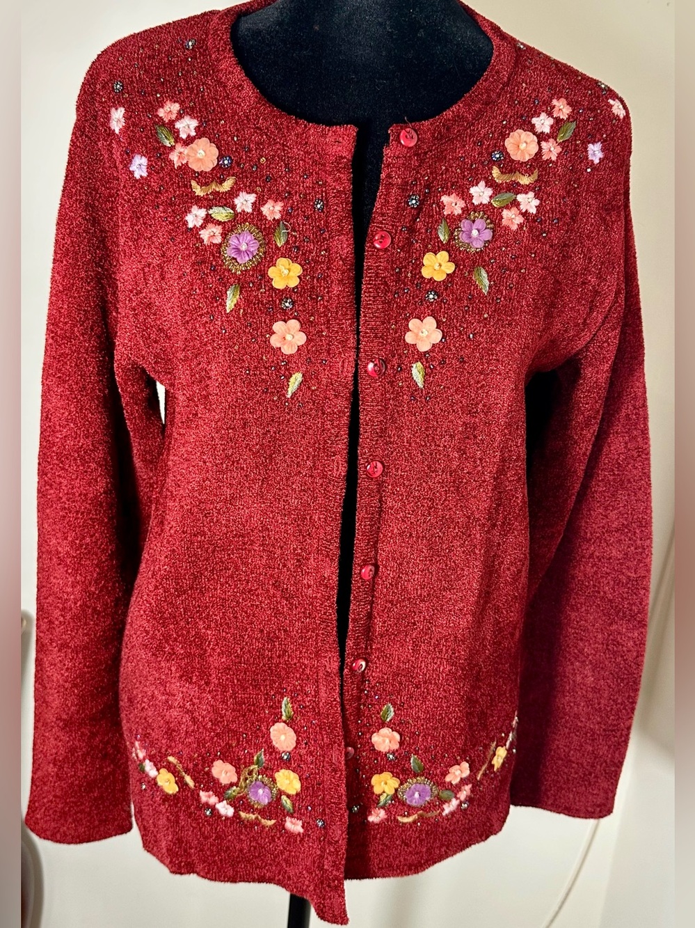 VOLGA Women’s Red Floral Embroidered Beaded Cardigan Sweater Size Medium